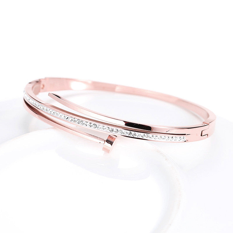 Stainless Steel Rose Gold Plated American Diamond Studded Bracelet For Women