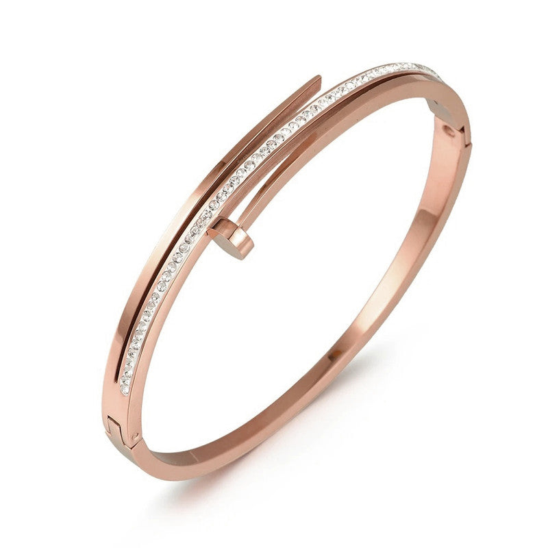 Stainless Steel Rose Gold Plated American Diamond Studded Bracelet For Women