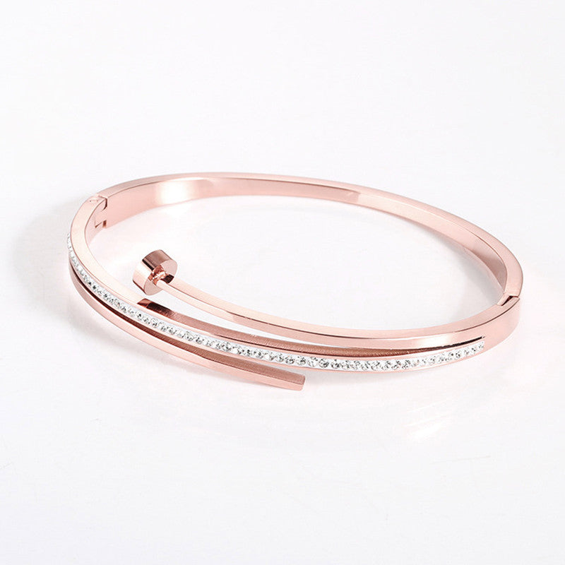 Stainless Steel Rose Gold Plated American Diamond Studded Bracelet For Women