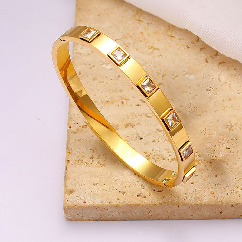 Stainless Steel Gold-Plated White Square American Diamond studded Bangle-Style Anti-Tarnish Bracelet For Women