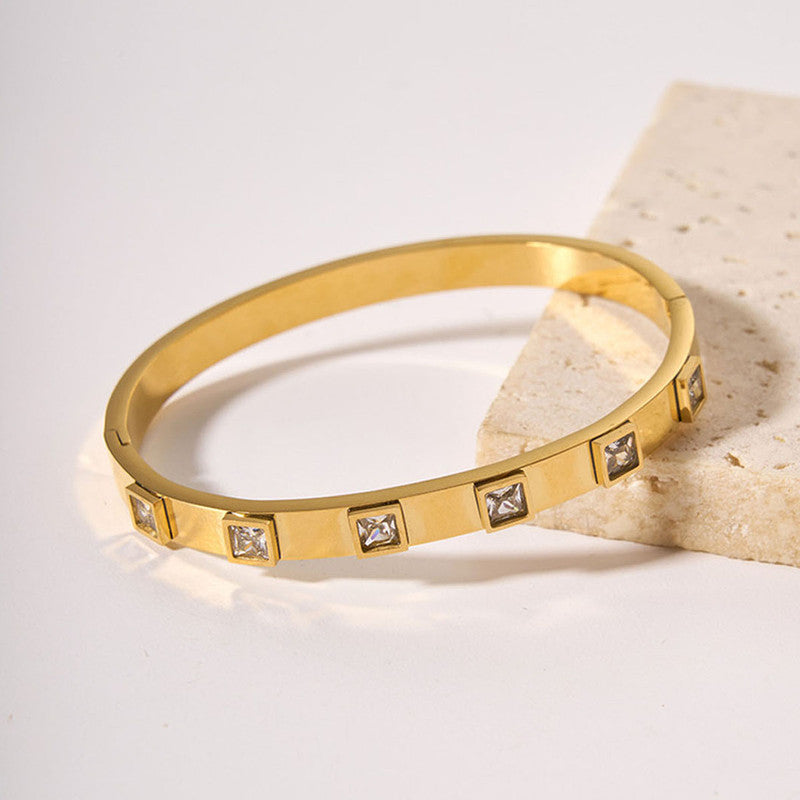 Stainless Steel Gold-Plated White Square American Diamond studded Bangle-Style Anti-Tarnish Bracelet For Women