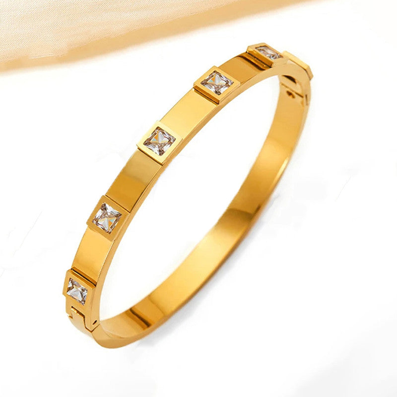 Stainless Steel Gold-Plated White Square American Diamond studded Bangle-Style Anti-Tarnish Bracelet For Women