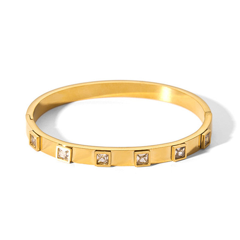 Stainless Steel Gold-Plated White Square American Diamond studded Bangle-Style Anti-Tarnish Bracelet For Women