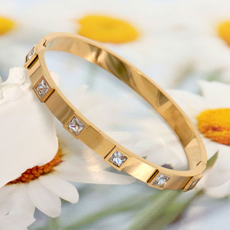 Stainless Steel Gold-Plated White Square American Diamond studded Bangle-Style Anti-Tarnish Bracelet For Women