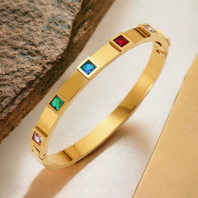 Stainless Steel Gold-Plated Multicolor Square American Diamond studded Bangle-Style Anti-Tarnish Bracelet For Women