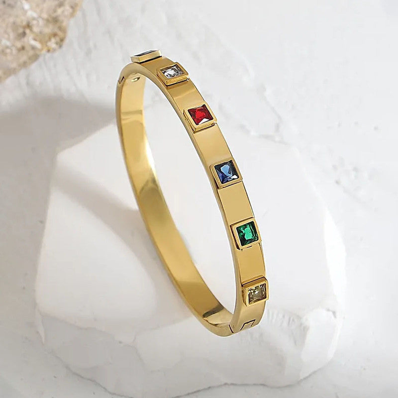 Stainless Steel Gold-Plated Multicolor Square American Diamond studded Bangle-Style Anti-Tarnish Bracelet For Women