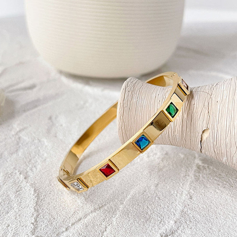 Stainless Steel Gold-Plated Multicolor Square American Diamond studded Bangle-Style Anti-Tarnish Bracelet For Women