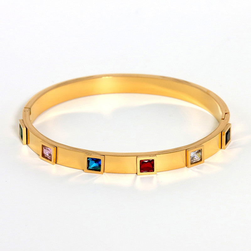 Stainless Steel Gold-Plated Multicolor Square American Diamond studded Bangle-Style Anti-Tarnish Bracelet For Women