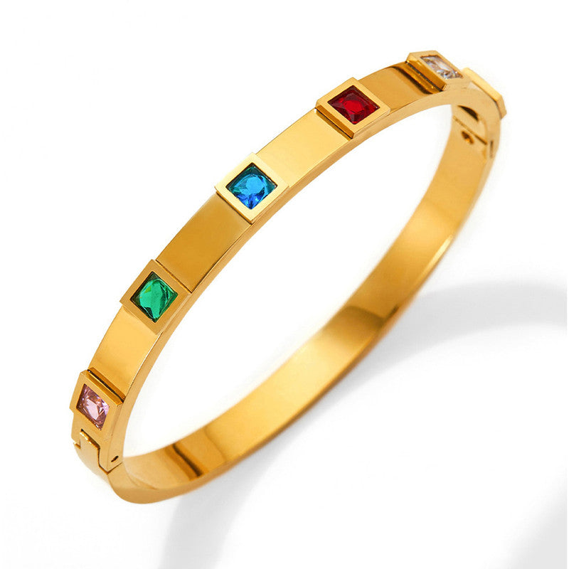 Stainless Steel Gold-Plated Multicolor Square American Diamond studded Bangle-Style Anti-Tarnish Bracelet For Women