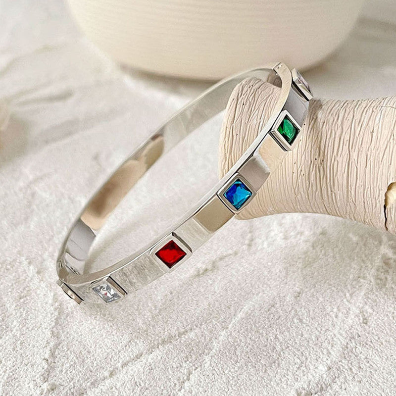 Stainless Steel Silver-Plated Multicolor Square American Diamond studded Bangle-Style Anti-Tarnish Bracelet For Women