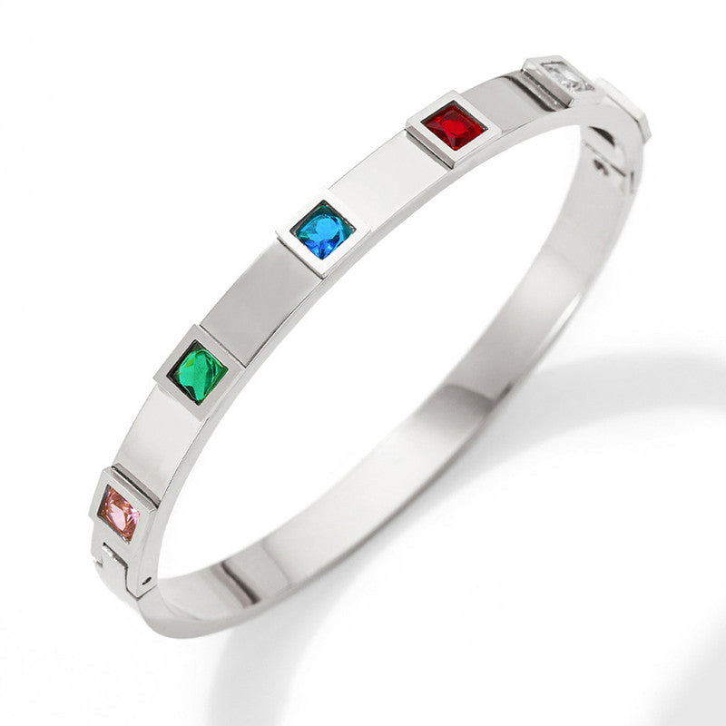 Stainless Steel Silver-Plated Multicolor Square American Diamond studded Bangle-Style Anti-Tarnish Bracelet For Women