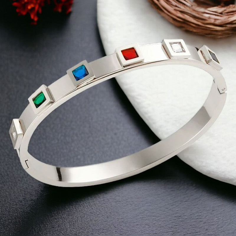 Stainless Steel Silver-Plated Multicolor Square American Diamond studded Bangle-Style Anti-Tarnish Bracelet For Women