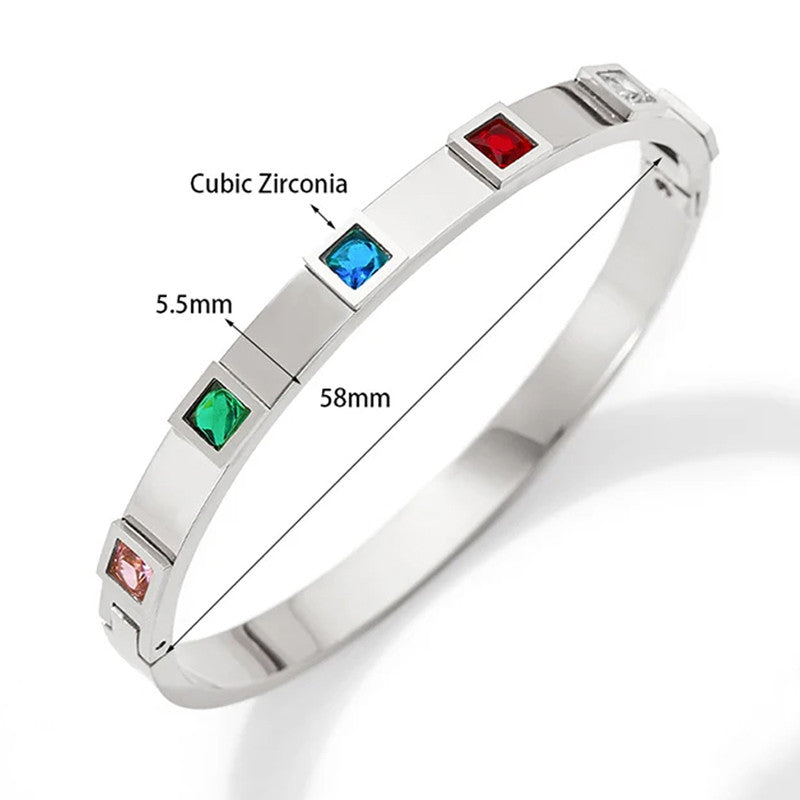 Stainless Steel Silver-Plated Multicolor Square American Diamond studded Bangle-Style Anti-Tarnish Bracelet For Women