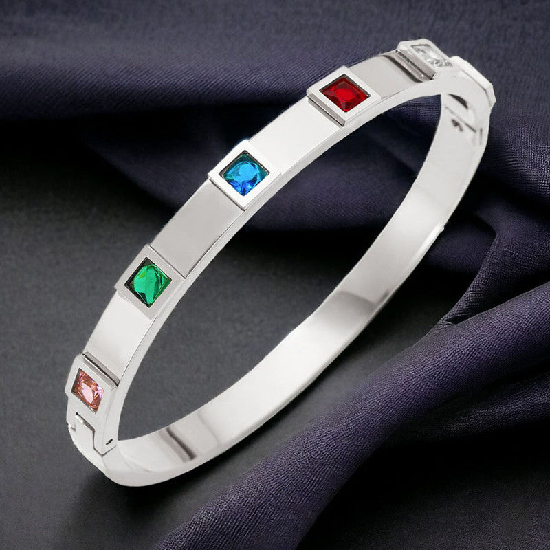 Stainless Steel Silver-Plated Multicolor Square American Diamond studded Bangle-Style Anti-Tarnish Bracelet For Women