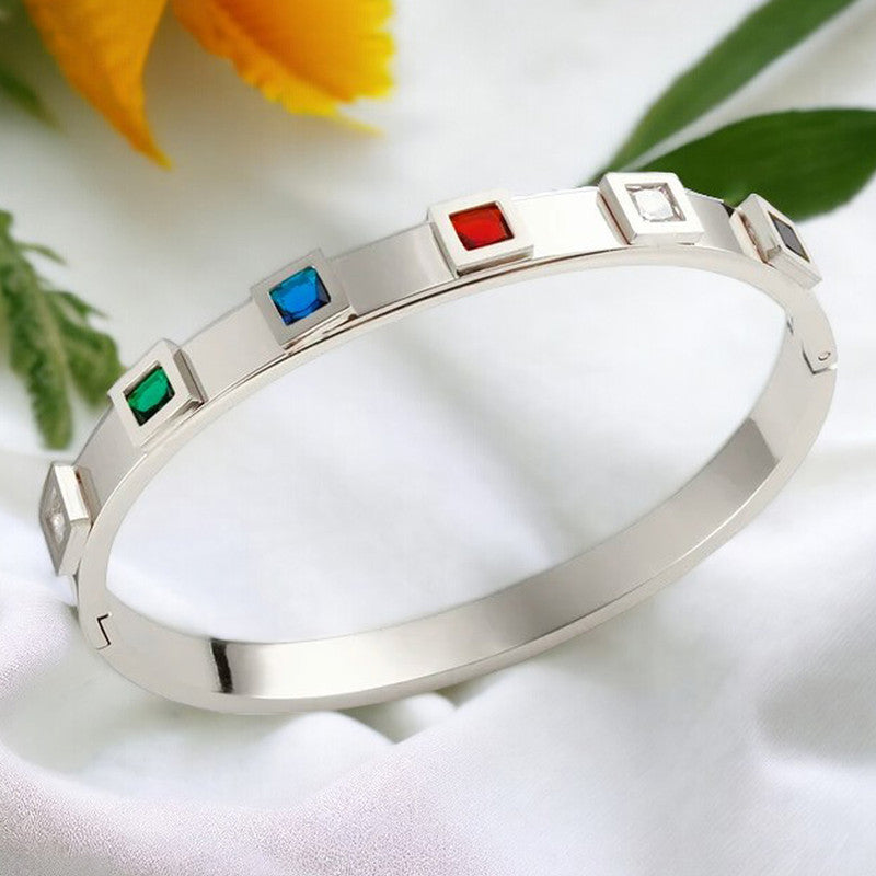 Stainless Steel Silver-Plated Multicolor Square American Diamond studded Bangle-Style Anti-Tarnish Bracelet For Women