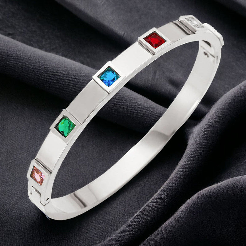 Stainless Steel Silver-Plated Multicolor Square American Diamond studded Bangle-Style Anti-Tarnish Bracelet For Women