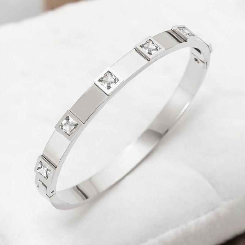 Stainless Steel Silver-Plated White Square American Diamond studded Bangle-Style Anti-Tarnish Bracelet For Women