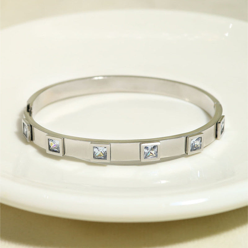 Stainless Steel Silver-Plated White Square American Diamond studded Bangle-Style Anti-Tarnish Bracelet For Women