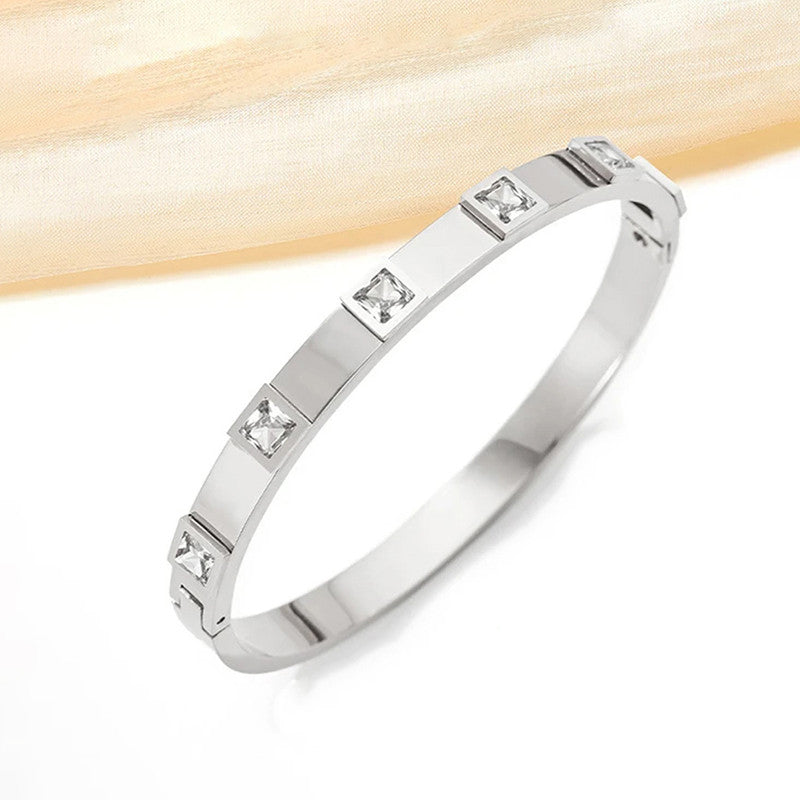 Stainless Steel Silver-Plated White Square American Diamond studded Bangle-Style Anti-Tarnish Bracelet For Women