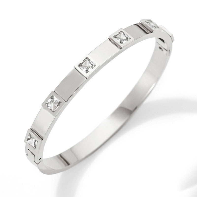 Stainless Steel Silver-Plated White Square American Diamond studded Bangle-Style Anti-Tarnish Bracelet For Women