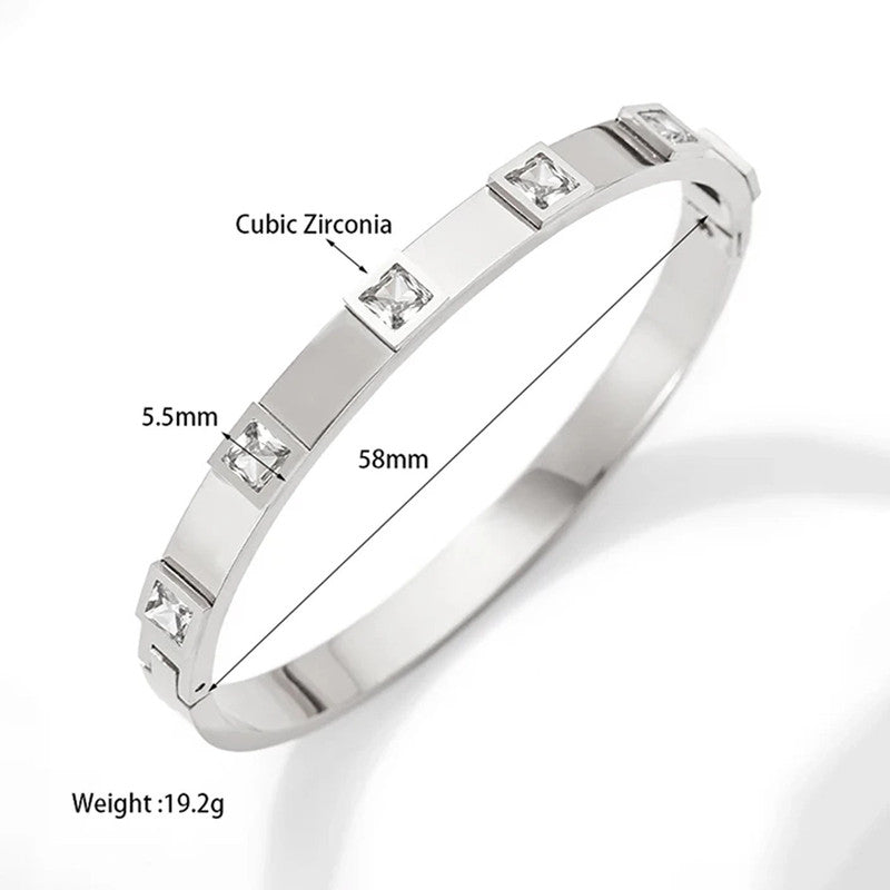 Stainless Steel Silver-Plated White Square American Diamond studded Bangle-Style Anti-Tarnish Bracelet For Women