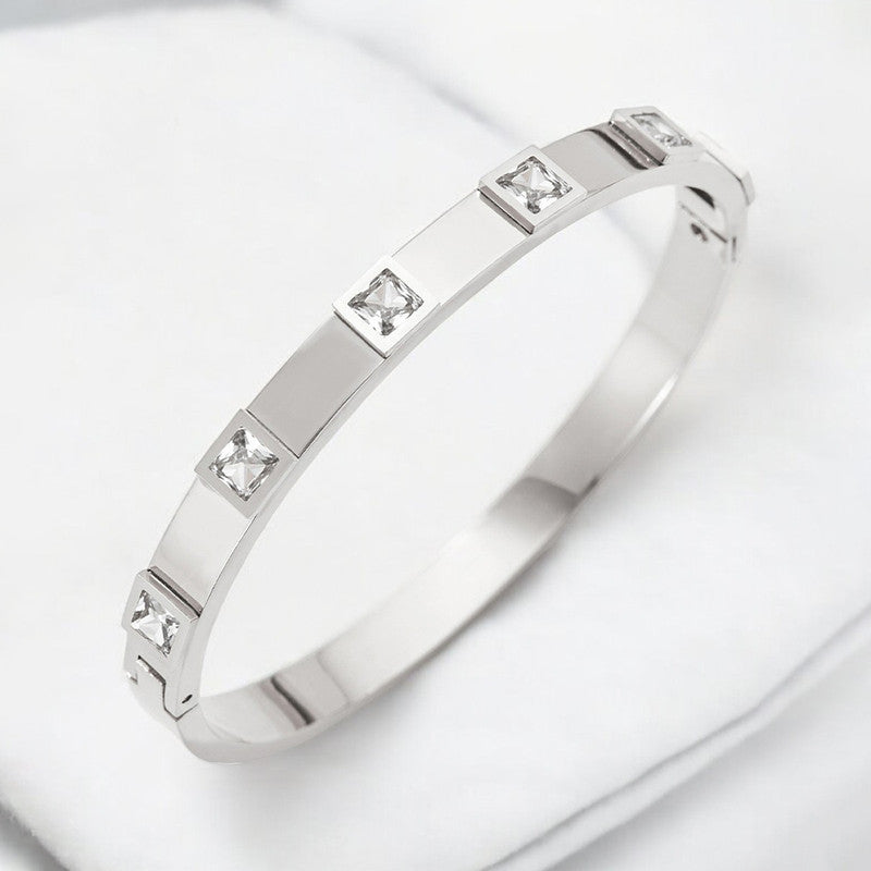 Stainless Steel Silver-Plated White Square American Diamond studded Bangle-Style Anti-Tarnish Bracelet For Women