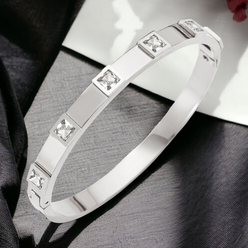 Stainless Steel Silver-Plated White Square American Diamond studded Bangle-Style Anti-Tarnish Bracelet For Women