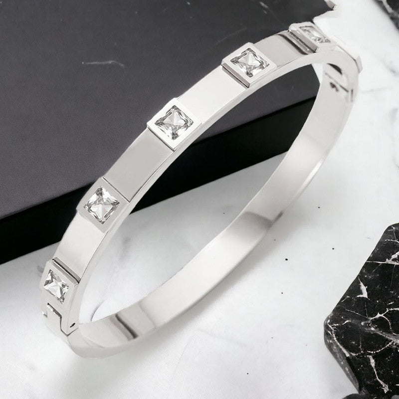 Stainless Steel Silver-Plated White Square American Diamond studded Bangle-Style Anti-Tarnish Bracelet For Women