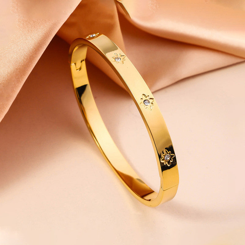 Stainless Steel Gold-Plated Floral American Diamond studded Bangle-Style Anti-Tarnish Bracelet For Women