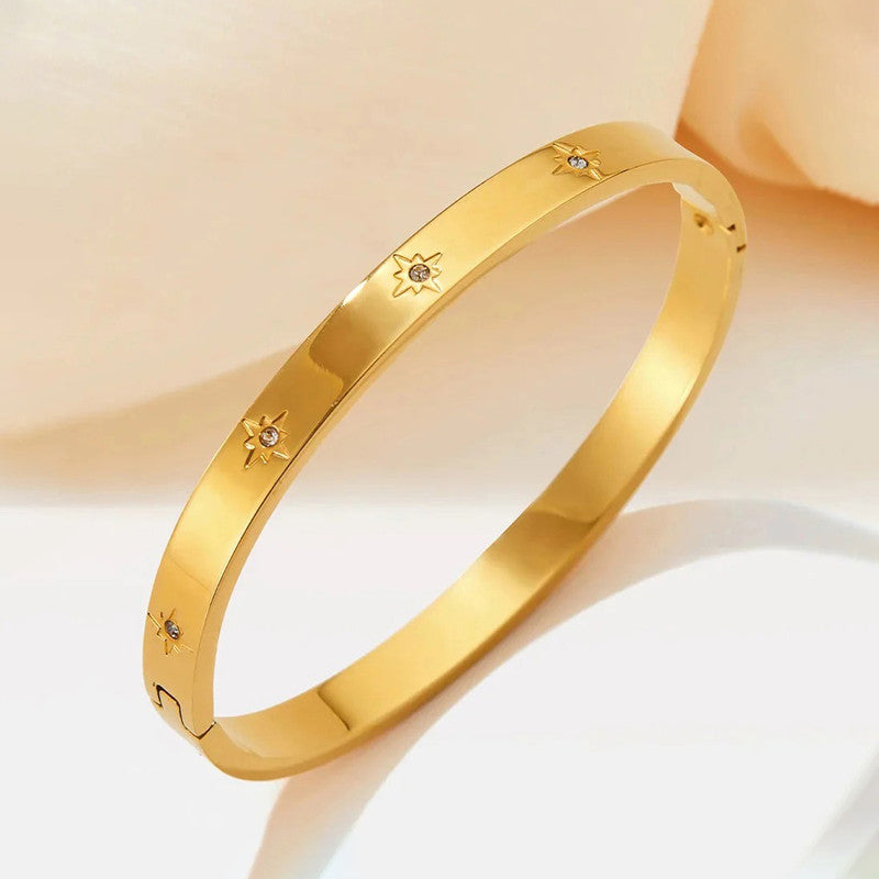 Stainless Steel Gold-Plated Floral American Diamond studded Bangle-Style Anti-Tarnish Bracelet For Women