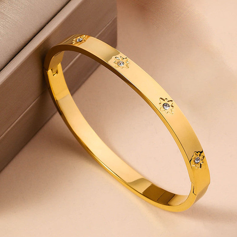 Stainless Steel Gold-Plated Floral American Diamond studded Bangle-Style Anti-Tarnish Bracelet For Women