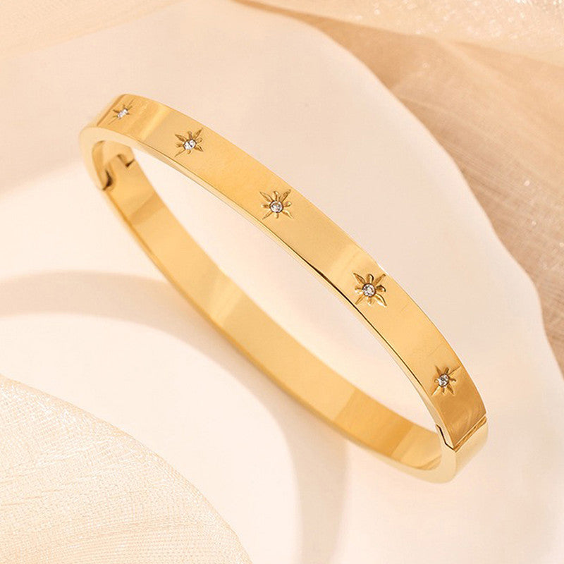 Stainless Steel Gold-Plated Floral American Diamond studded Bangle-Style Anti-Tarnish Bracelet For Women