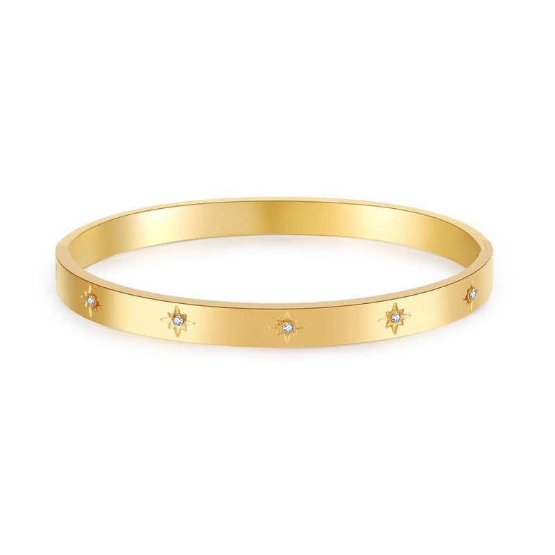 Stainless Steel Gold-Plated Floral American Diamond studded Bangle-Style Anti-Tarnish Bracelet For Women