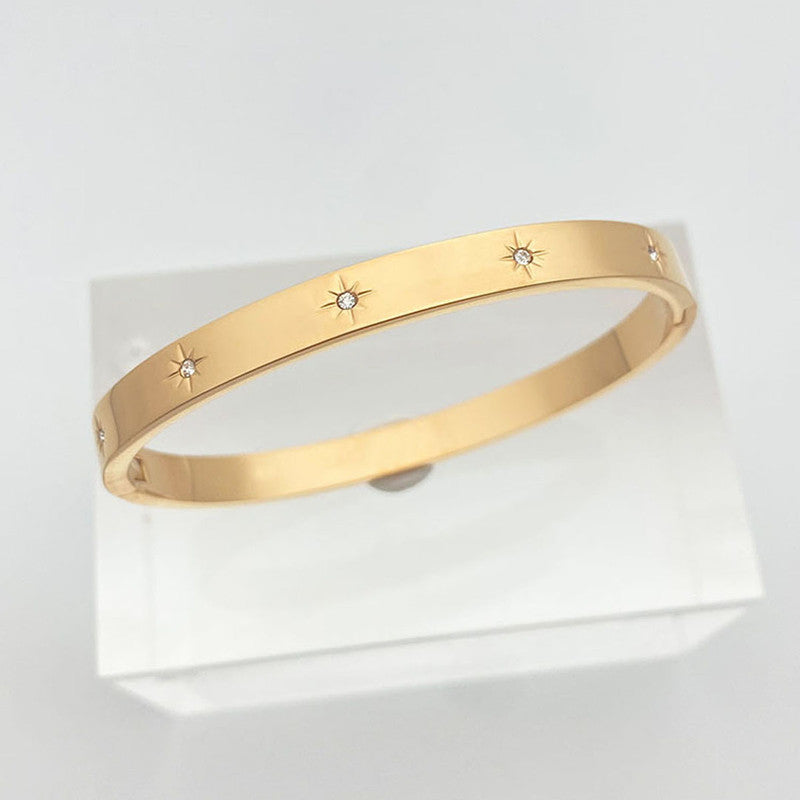 Stainless Steel Gold-Plated Floral American Diamond studded Bangle-Style Anti-Tarnish Bracelet For Women