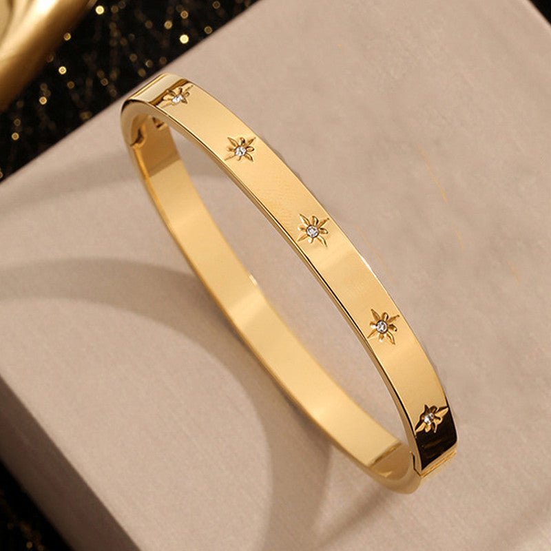 Stainless Steel Gold-Plated Floral American Diamond studded Bangle-Style Anti-Tarnish Bracelet For Women