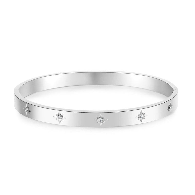 Stainless Steel Silver-Plated Floral American Diamond studded Bangle-Style Anti-Tarnish Bracelet For Women