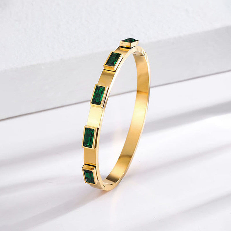 Stainless Steel Gold-Plated Green Rectangular American Diamond studded Bangle-Style Anti-Tarnish Bracelet For Women