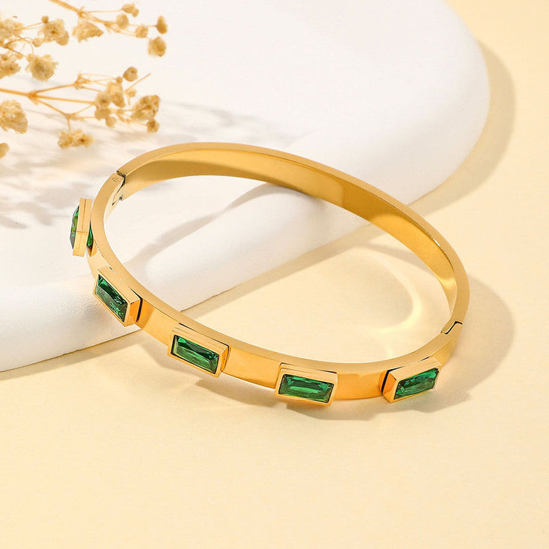 Stainless Steel Gold-Plated Green Rectangular American Diamond studded Bangle-Style Anti-Tarnish Bracelet For Women