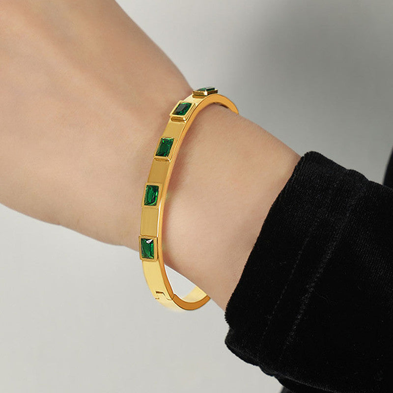 Stainless Steel Gold-Plated Green Rectangular American Diamond studded Bangle-Style Anti-Tarnish Bracelet For Women