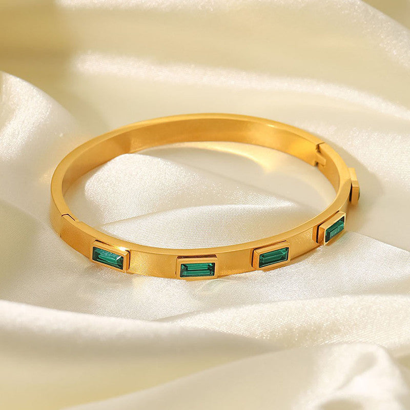 Stainless Steel Gold-Plated Green Rectangular American Diamond studded Bangle-Style Anti-Tarnish Bracelet For Women