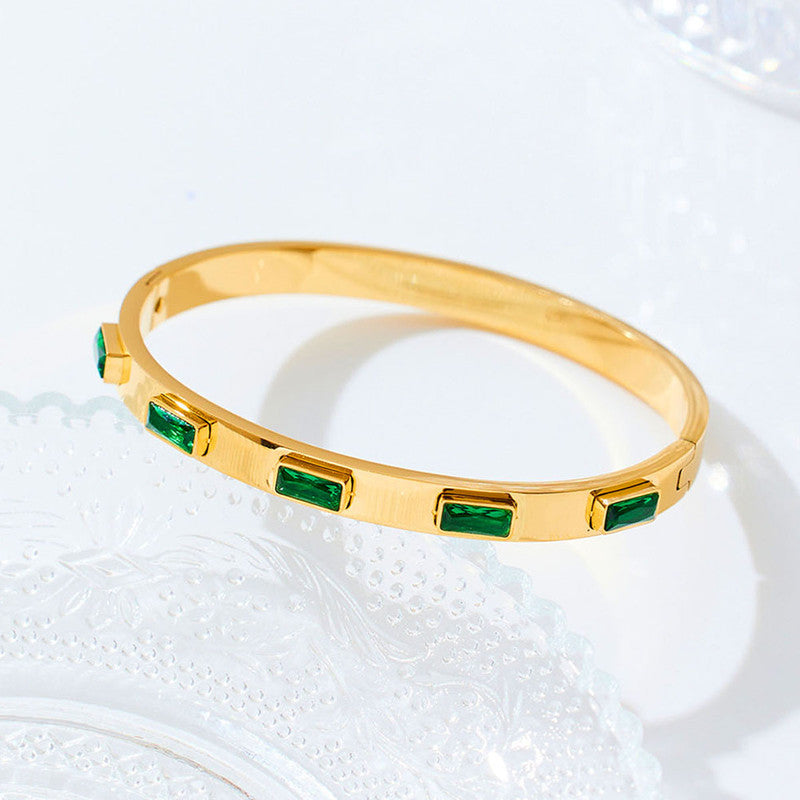 Stainless Steel Gold-Plated Green Rectangular American Diamond studded Bangle-Style Anti-Tarnish Bracelet For Women