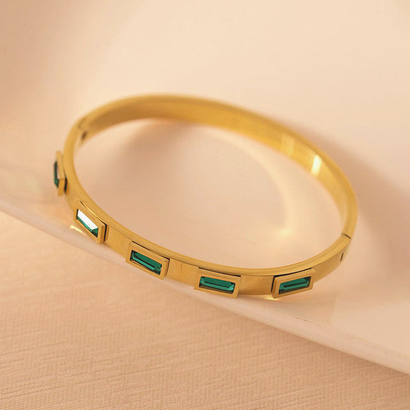 Stainless Steel Gold-Plated Green Rectangular American Diamond studded Bangle-Style Anti-Tarnish Bracelet For Women