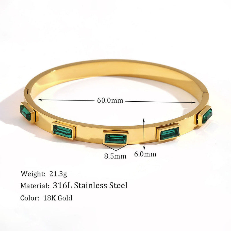 Stainless Steel Gold-Plated Green Rectangular American Diamond studded Bangle-Style Anti-Tarnish Bracelet For Women