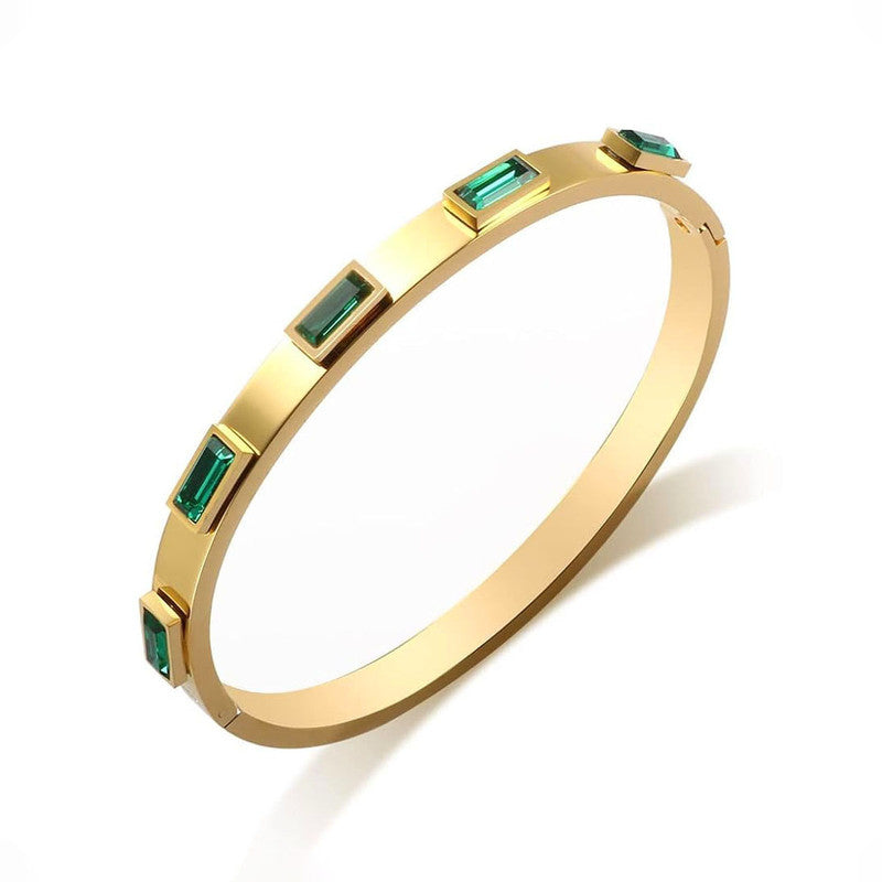 Stainless Steel Gold-Plated Green Rectangular American Diamond studded Bangle-Style Anti-Tarnish Bracelet For Women