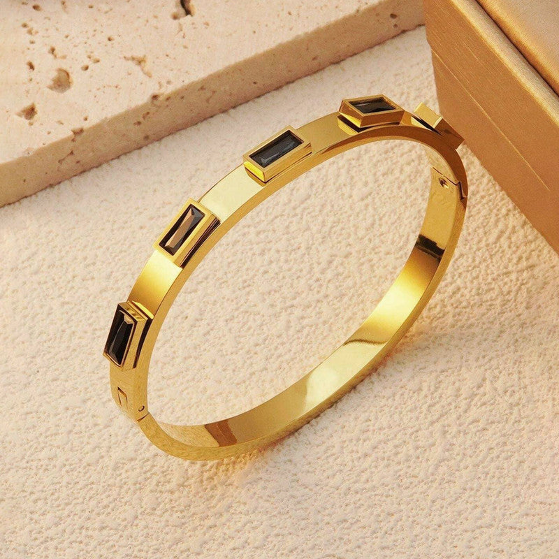 Stainless Steel Gold-Plated Black Rectangular American Diamond studded Bangle-Style Anti-Tarnish Bracelet For Women