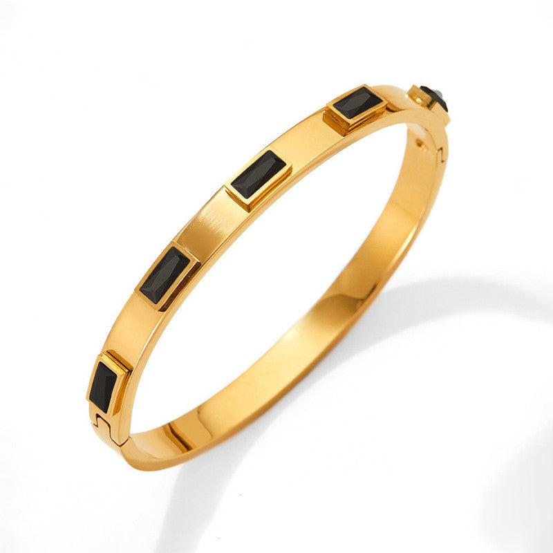 Stainless Steel Gold-Plated Black Rectangular American Diamond studded Bangle-Style Anti-Tarnish Bracelet For Women