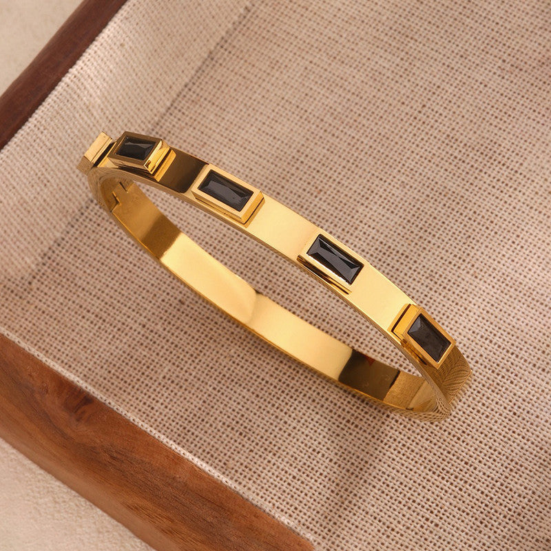 Stainless Steel Gold-Plated Black Rectangular American Diamond studded Bangle-Style Anti-Tarnish Bracelet For Women