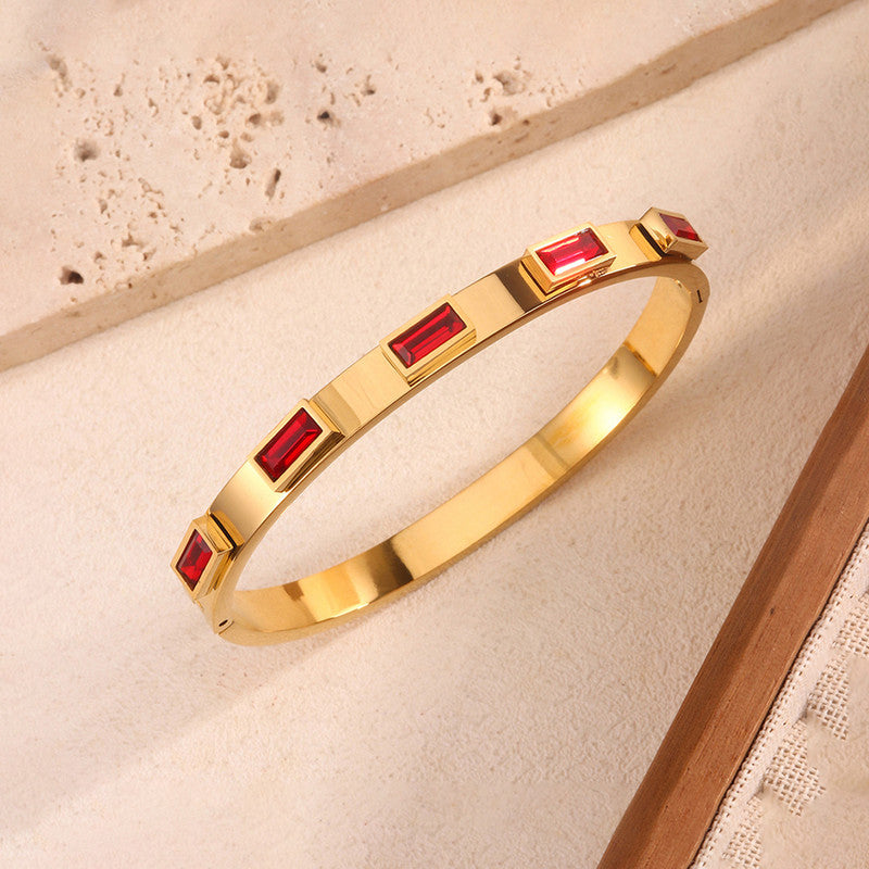 Stainless Steel Gold-Plated Red Rectangular American Diamond studded Bangle-Style Anti-Tarnish Bracelet For Women