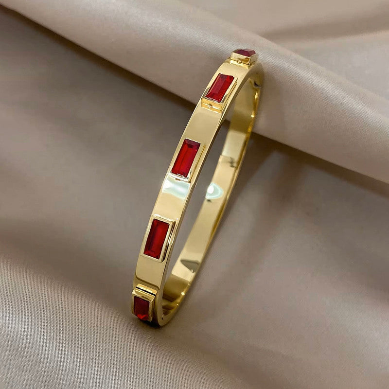 Stainless Steel Gold-Plated Red Rectangular American Diamond studded Bangle-Style Anti-Tarnish Bracelet For Women