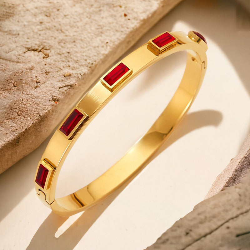 Stainless Steel Gold-Plated Red Rectangular American Diamond studded Bangle-Style Anti-Tarnish Bracelet For Women